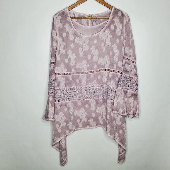 One World Womens Embroidered Pink Floral Lace Tunic Top Size XL Boho Chic Flowy - Picture 1 of 7